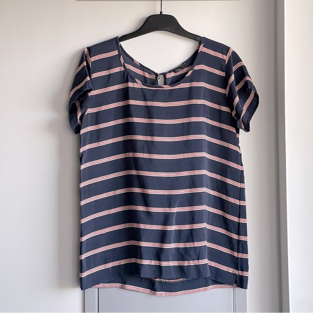 CLUB MONACO Navy and Pink Striped 100% Silk Blouse
